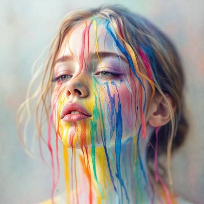The primary subject of the image is a woman with a colorful, rainbow-colored face paint. She is wearing a yellow, pink, and blue face paint, which gives her a vibrant and lively appearance. The setting is a room with a wall, and the visual style is a close-up of the woman's face. The colors and mood of the image are cheerful, fun, and creative, as the woman's face paint is a reflection of her unique and artistic personality